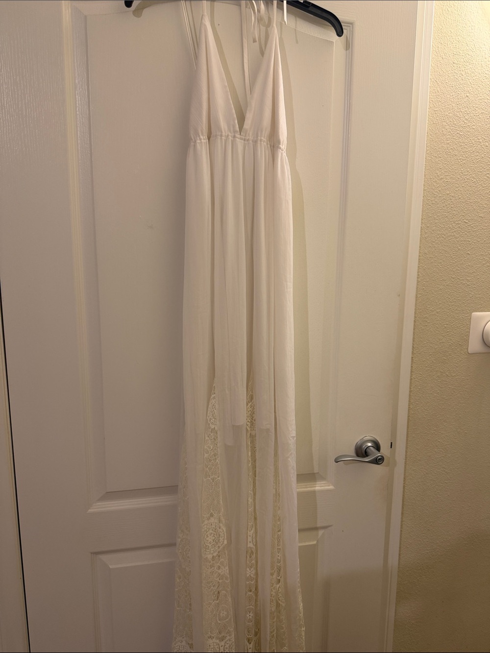 Alice + Olivia White halter Sheer Maxi Dress with Lace Panel